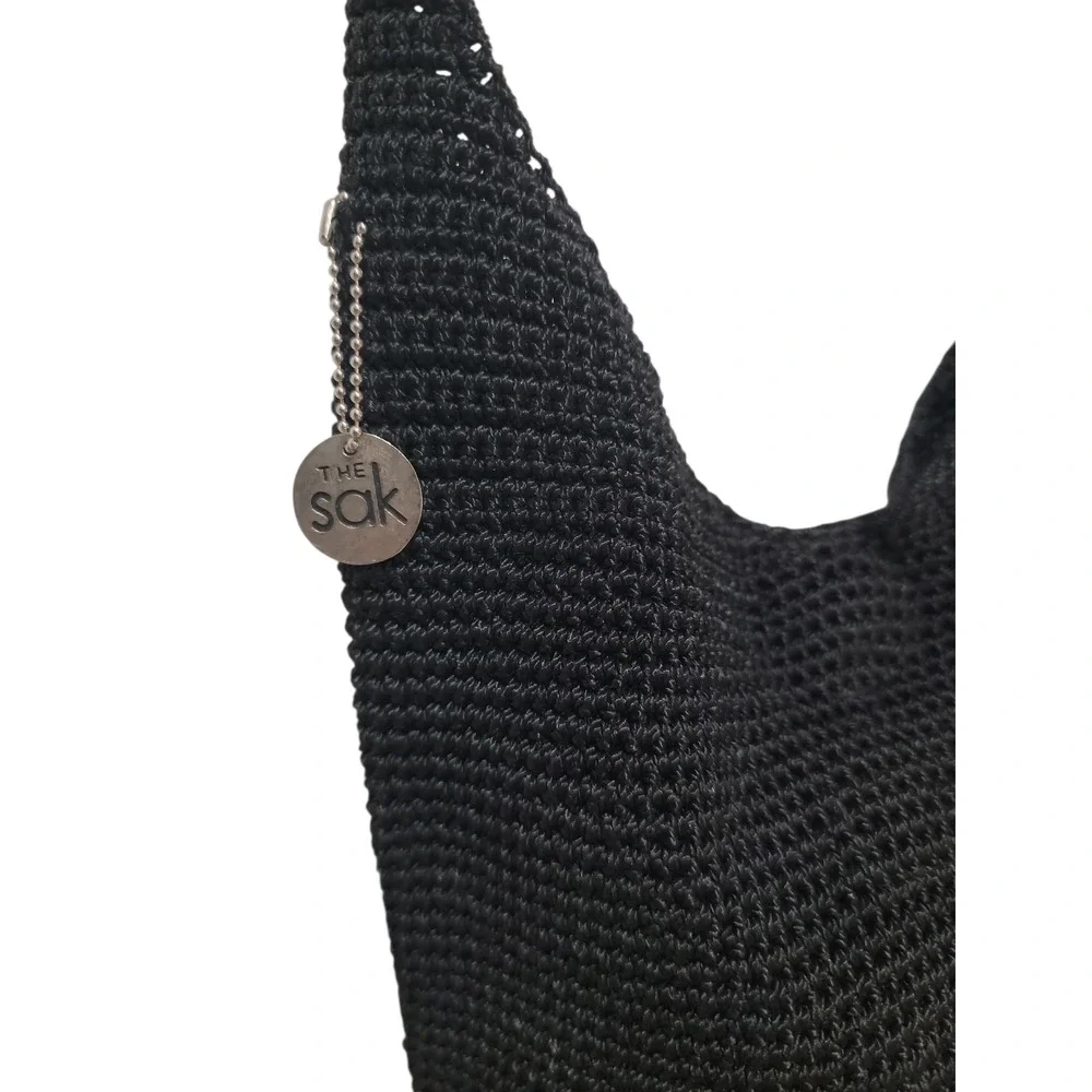The SAK Crochet Knit Black Woven Hobo Shoulder Bag Purse Strap Damage See Pics